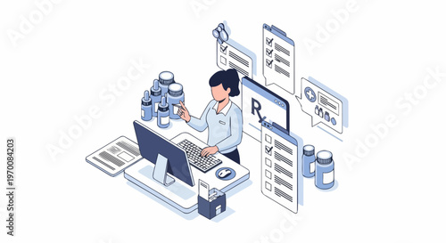 Female Pharmacist Processing Digital Prescriptions and Medical Orders in Online Pharmacy Healthcare Management Illustration