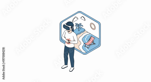 Woman Experiencing VR Motion Sickness and Nausea; Isometric Illustration of Virtual Reality Discomfort and Simulator Sickness in a Digital Environment