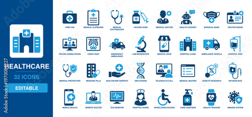 Healthcare solid vector glyph icon set with medical doctor, stethoscope, vaccine dose, ambulance vehicle, surgical mask, hospital clinic, and online consultation symbols.