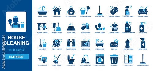 House Cleaning solid vector glyph icon set featuring vacuum cleaner, washing machine, mop bucket, cleaning spray, rubber gloves, laundry detergent, and house cleaner icons.