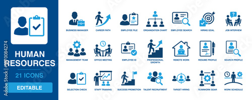Human Resources solid vector glyph icon set including business manager, career path, employee file, job interview, management team, resume profile, and talent recruitment symbols.
