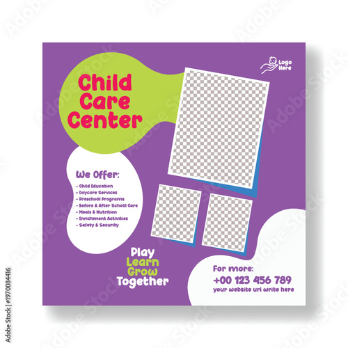 Kids Summer Camp and Childcare Center Social Media Banner Template, Bright Playful Editable Square Flyer Design for Daycare Babysitter Service Promotion and Early Learning Advertising Marketing Campai