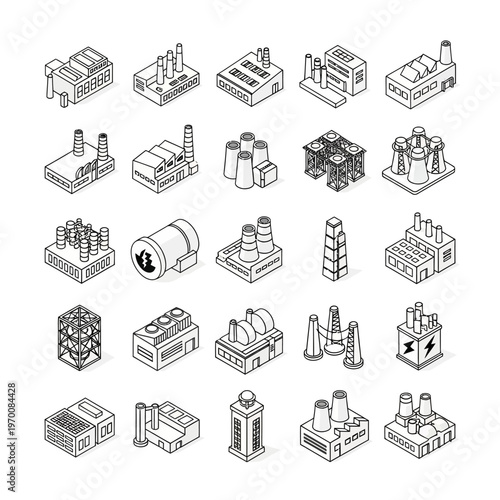 Isometric Industrial Buildings and Factories Line Icons Set.