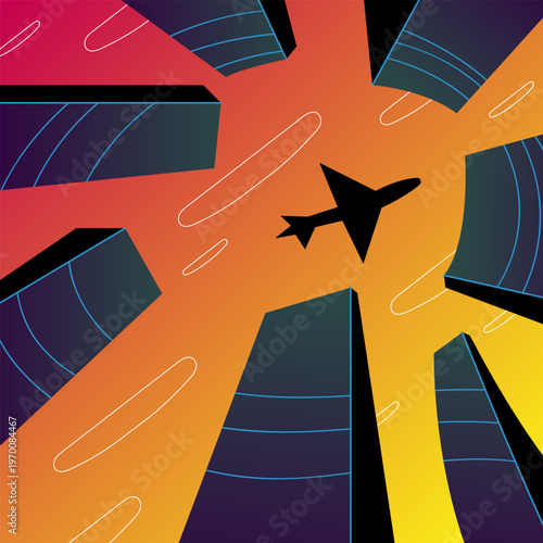 Airplane flying above modern city skyline at sunset urban travel freedom business trip and aviation concept.