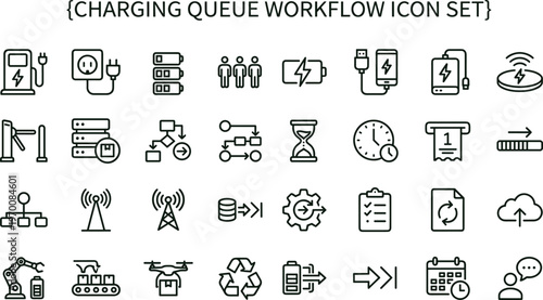 Charging queue workflow outline icon set featuring station scheduling waiting management symbols for electric vehicle apps websites dashboards presentations interface design