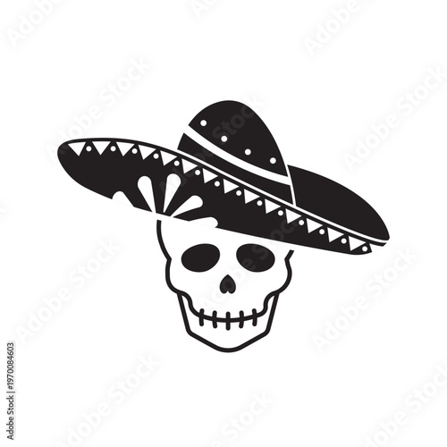 Sugar Skull in Traditional Mexican Sombrero Vector Illustration Isolated on White Background. Day of the Dead, Cinco de Mayo Art.
