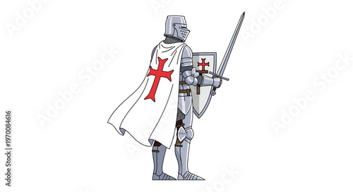 A brave medieval crusader in shining silver plate armor holds a sharp longsword aloft while wearing a flowing white cape decorated with a red cross on white.