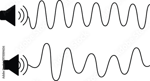 Sound wave variations with speaker icons isolated on white background audio signal waveform vector illustration frequency amplitude comparison design elements