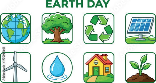 Earth Day icons for eco friendly and sustainable living