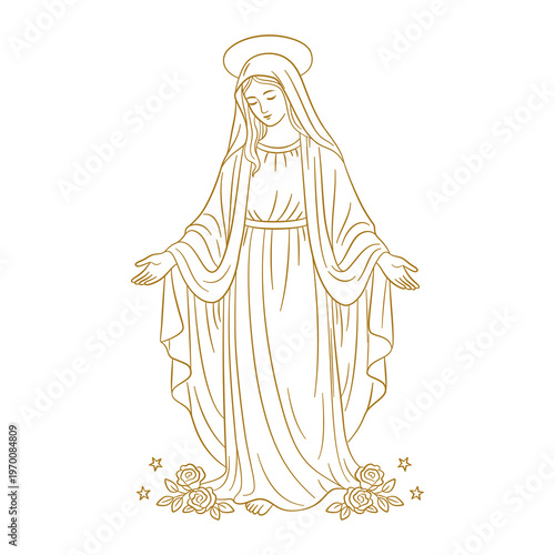 Matka Boska Niepokalana. Wizerunek Maryi z ramionami wyciągniętymi w geście błogosławieństwa, u stóp której spoczywają róże i złote gwiazdy.