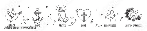 Christian symbols creating a chain of faith concepts leading to light in darkness