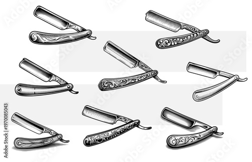 Straight razor set, vintage barber shop tools, ornate open razors with floral engraving, woodcut style vector illustration, classic grooming collection