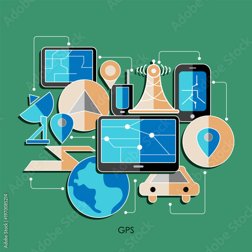 GPS Navigation Vector Illustration – Location Tracking, Maps, Satellite Signal, Route Finder, Modern Infographic Design