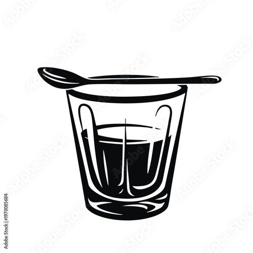 Shot glass with spoon vector illustration. Black and white barware icon isolated on transparent background