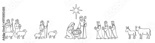 Nativity scene line drawing depicting birth of Jesus and Christmas story