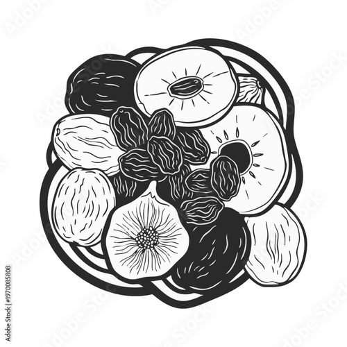 Dried fruit assortment line art illustration. Hand-drawn sketch of raisins, figs, apricots and kiwi slices. Vector graphic isolated on transparent background
