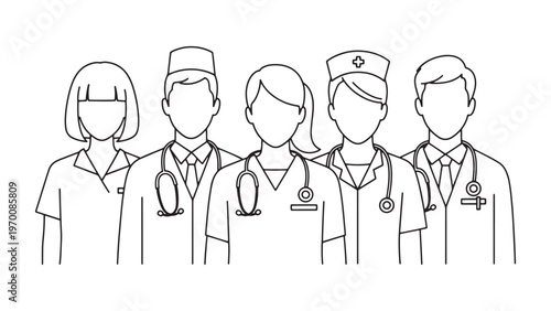 Diverse group of medical professionals, including doctors and nurses, standing together in a clean line art illustration, representing healthcare team and essential workers.