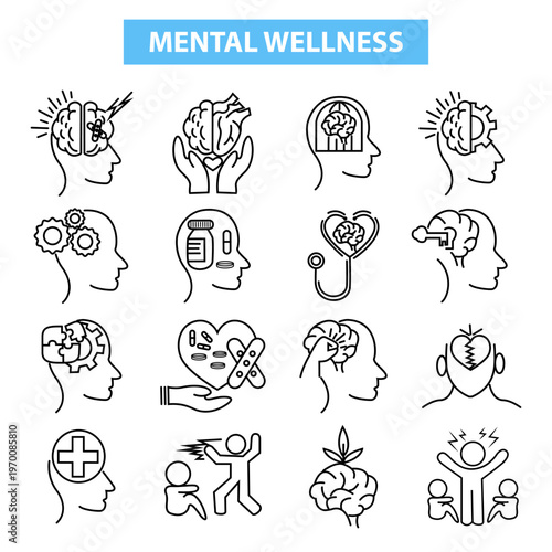 Mental Wellness Line Icon Collection – Psychology, Therapy, Mind Care, Emotional Support, Minimal Outline Set