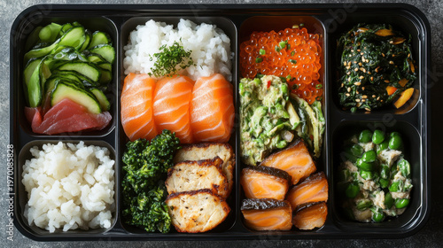 Delicious and Colorful Japanese Cuisine Bento Box with Salmon