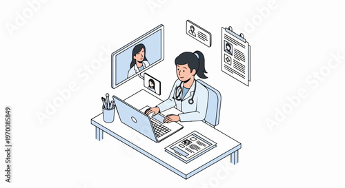 Telemedicine Concept with Female Doctor Having Online Consultation via Video Call, Isometric Illustration of Digital Healthcare