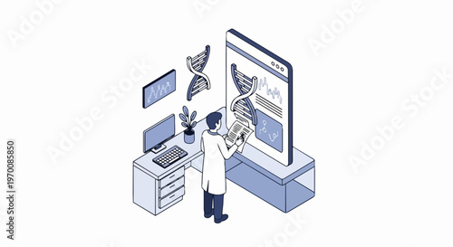 Isometric Illustration of Scientist Analyzing DNA and Genetic Data in Modern Laboratory, Biotechnology and Medical Research Concept