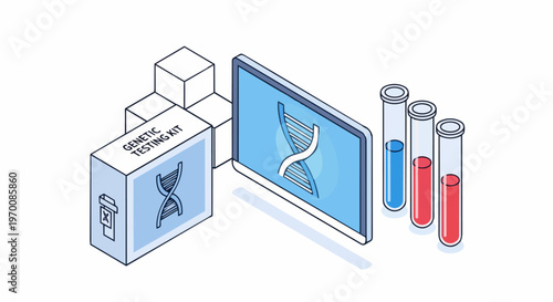 Isometric Illustration of DNA Genetic Testing Kit with Digital Analysis Screen and Laboratory Test Tubes for Medical Research and Ancestry.