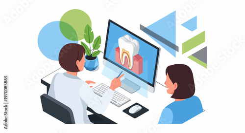Isometric Illustration of a Female Dentist Explaining Tooth Anatomy to a Patient on a Computer Monitor