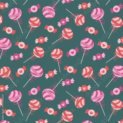 Vibrant seamless pattern with glowing lollipops and candies on a deep blue background. Perfect for magical night party decorations, sweet dreams nursery decor and festive gift wrap.