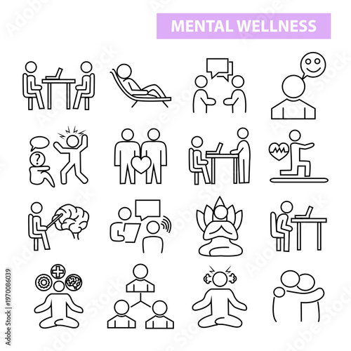 Mental Wellness Line Icon Collection – Psychology, Therapy, Mind Care, Emotional Support, Minimal Outline Set