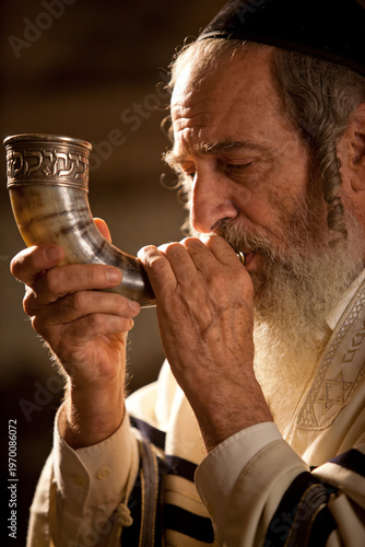 Wallpaper Mural Close-up of an elderly Jewish man blowing a shofar with a shallow depth of field in a warm and spiritual mood. Torontodigital.ca