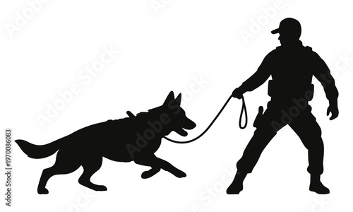 Police and K9 Dog Running with Handler Silhouette and Tactical Illustration