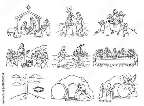 Jesus Christ illustrating gospel scenes, ministry, miracles, crucifixion, and resurrection