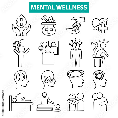 Mental Wellness Line Icon Collection – Psychology, Therapy, Mind Care, Emotional Support, Minimal Outline Set
