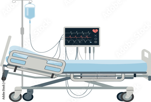 Hospital bed with patient monitor, IV stand, and medical equipment, healthcare vector illustration for hospital care, emergency, intensive unit, and medical design projects