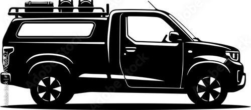 Black pickup truck vector, car with roof rack and luggage, vehicle silhouette, transportation illustration