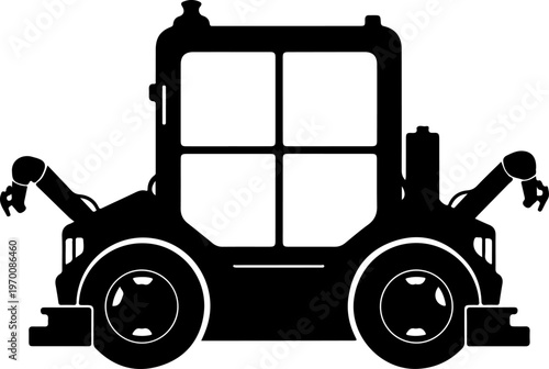 Black silhouette heavy duty industrial forklift truck, construction equipment, warehouse vehicle, heavy machinery