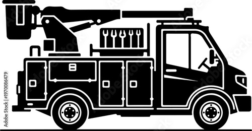 Black silhouette fire truck, emergency vehicle icon, rescue equipment illustration, monochrome design element