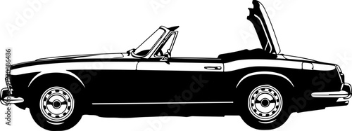 Vintage Convertible Car, Black Silhouette, Side View, Retro Automotive Illustration, Vector Graphic