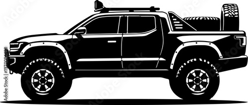 Black pickup truck vector, side view illustration, automotive silhouette, off-road vehicle