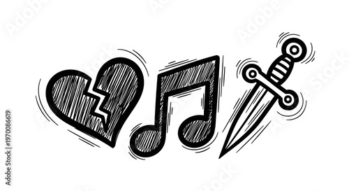 Heart music note and dagger icons.