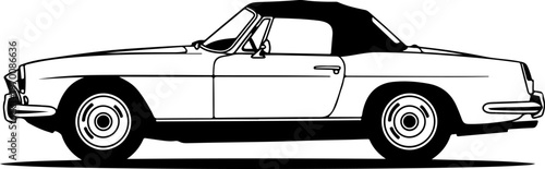 Vintage convertible sports car, classic automobile illustration, black and white vector, side view
