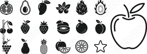 Fruit Silhouette Icon Set Featuring Various Fruits and Apple Outline Minimal Black Vector Collection Isolated on Transparent Background