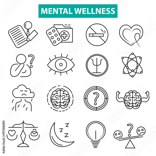 Mental Wellness Line Icon Collection – Psychology, Therapy, Mind Care, Emotional Support, Minimal Outline Set