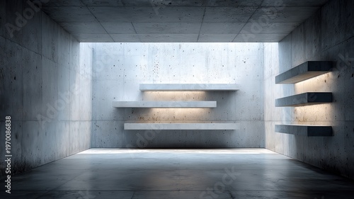 Minimalist Concrete Room with Shelves and Ambient Light Design