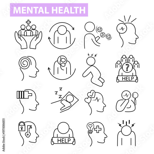Mental Wellness Line Icon Collection – Psychology, Therapy, Mind Care, Emotional Support, Minimal Outline Set