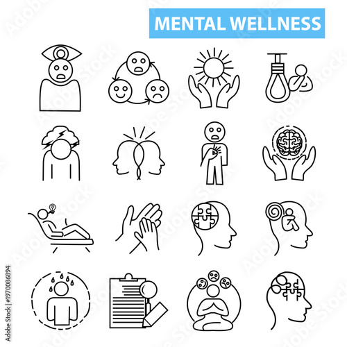Mental Wellness Line Icon Collection – Psychology, Therapy, Mind Care, Emotional Support, Minimal Outline Set