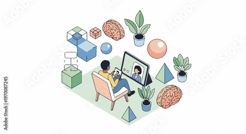 Isometric Illustration of Online Mental Health Therapy, Telehealth Counseling Session via Tablet and Smartphone, Brain Health and Psychology Concept