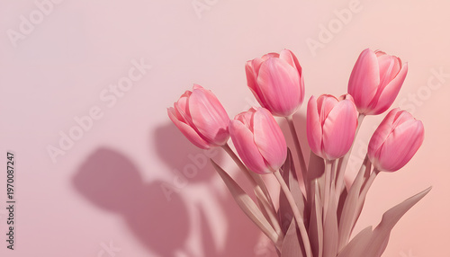 Beautiful composition spring flowers. Bouquet of pink tulips flowers on pastel pink background. Valentine's Day, Easter, Birthday, Happy Women's Day, Mother's Day. Flat lay, top view, copy space