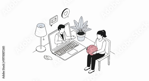 Online Mental Health Therapy Concept: Isometric Illustration of Telehealth Consultation with Psychologist and Patient