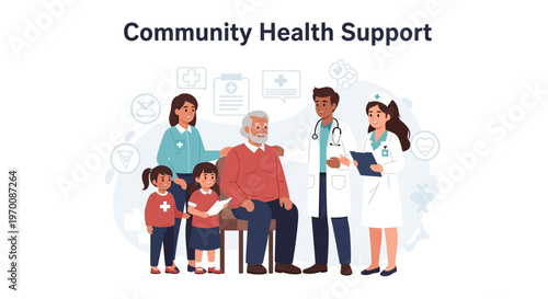 Stylized vector illustration features a community health support team including a doctor, nurse, children, and an elderly man, set against a clean white background with soft blue accents